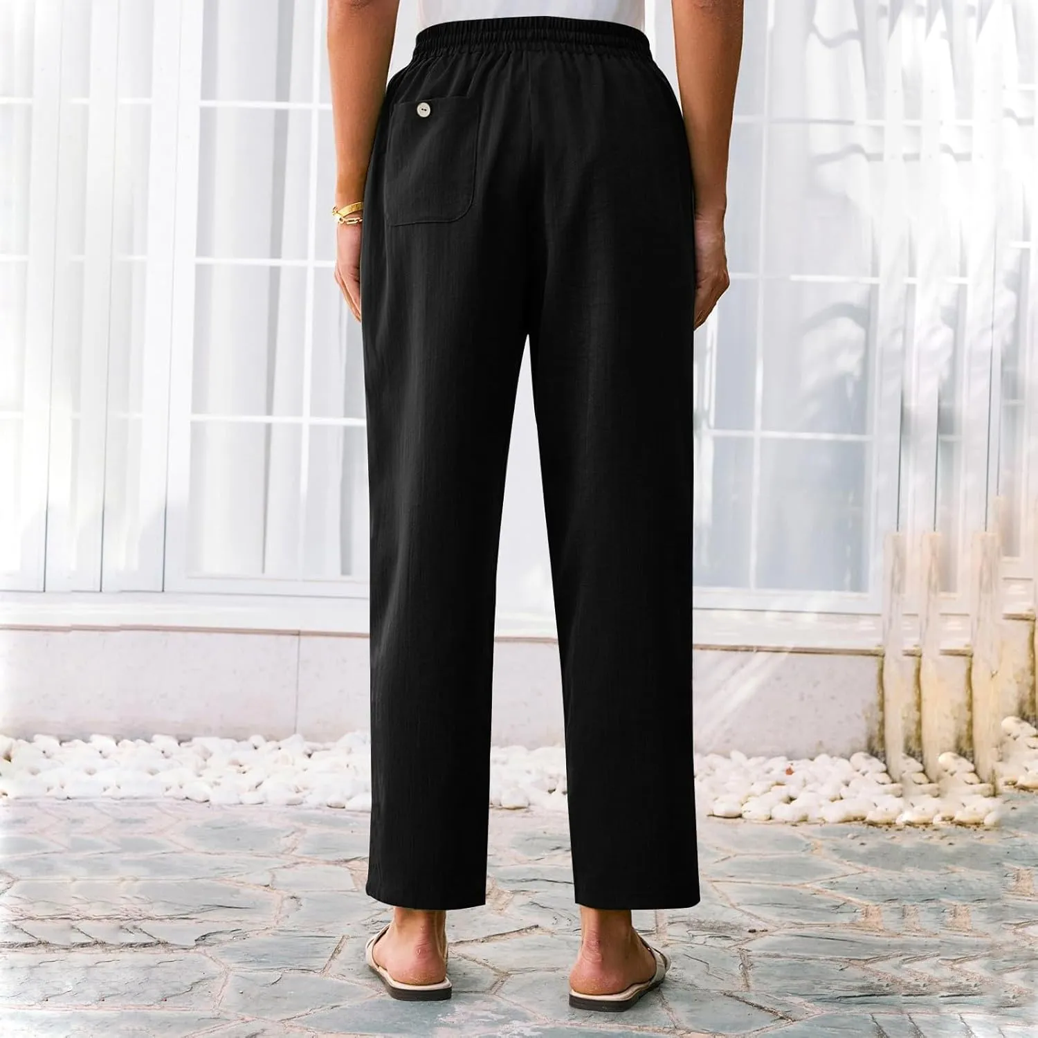 Womens Pants, Straight Leg Plaid Casual Pants Linen Peasant Teacher Trendy Lounge