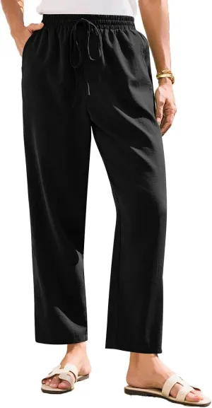 Womens Pants, Straight Leg Plaid Casual Pants Linen Peasant Teacher Trendy Lounge