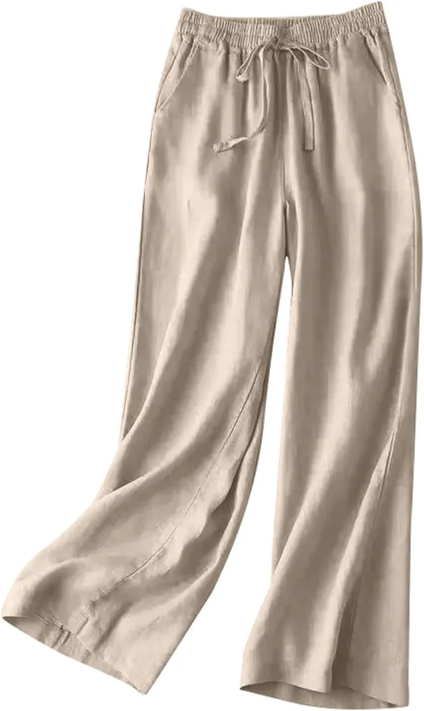 Women's Pants, Wide Leg Cotton Linen Straight High Waisted Pants Lightweight Smocked