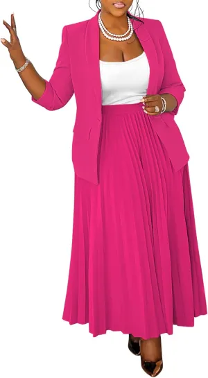 Women's Plus Size 2 Piece Outfits Casual Open Front Blazer and High Waist Pleated Maxi Skirt Sets Business Suits