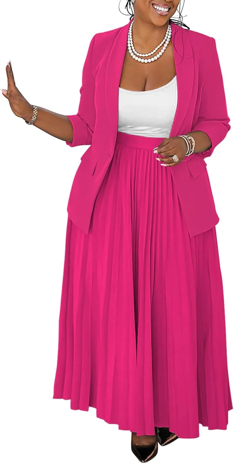 Women's Plus Size 2 Piece Outfits Casual Open Front Blazer and High Waist Pleated Maxi Skirt Sets Business Suits