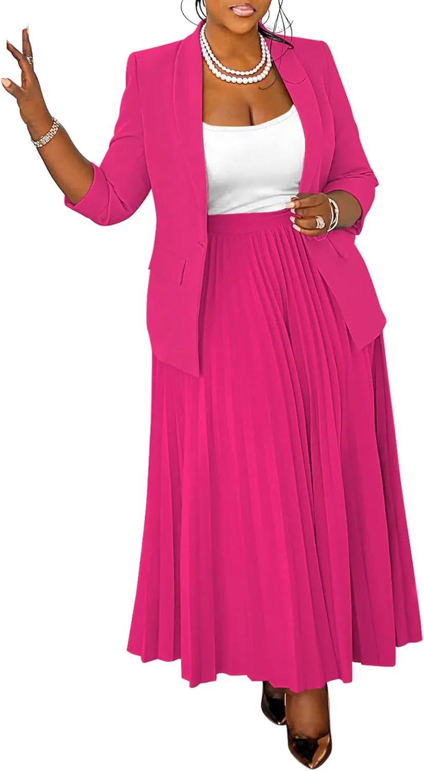 Women's Plus Size 2 Piece Outfits Casual Open Front Blazer and High Waist Pleated Maxi Skirt Sets Business Suits