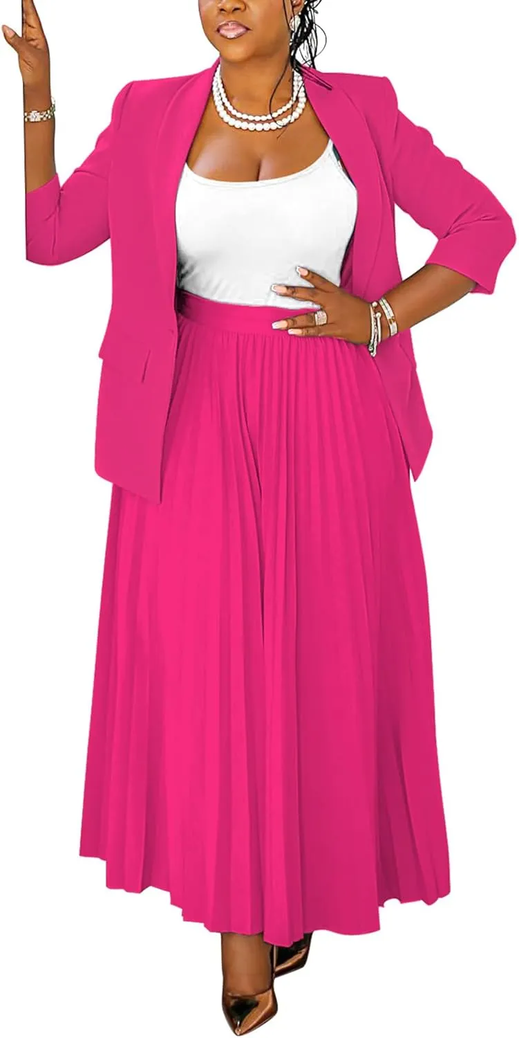 Women's Plus Size 2 Piece Outfits Casual Open Front Blazer and High Waist Pleated Maxi Skirt Sets Business Suits