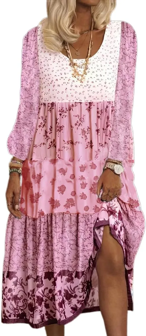 Women's Plus Size Boho Floral Long Sleeve Tshirt Dresses Fall Casual Loose Flowy Bohemian Tiered Maxi Dress