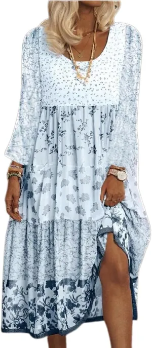 Women's Plus Size Boho Floral Long Sleeve Tshirt Dresses Fall Casual Loose Flowy Bohemian Tiered Maxi Dress