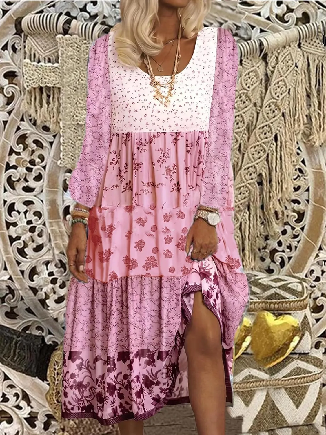 Women's Plus Size Boho Floral Long Sleeve Tshirt Dresses Fall Casual Loose Flowy Bohemian Tiered Maxi Dress