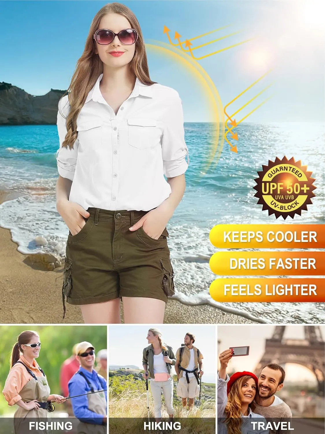 Women's Safari Clothes Long Sleeve UPF50 Sun Protection Quick Dry Shirts Hiking Camping Fishing Trave Teen Girl
