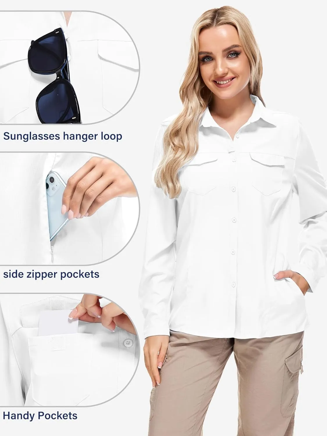 Women's Safari Clothes Long Sleeve UPF50 Sun Protection Quick Dry Shirts Hiking Camping Fishing Trave Teen Girl