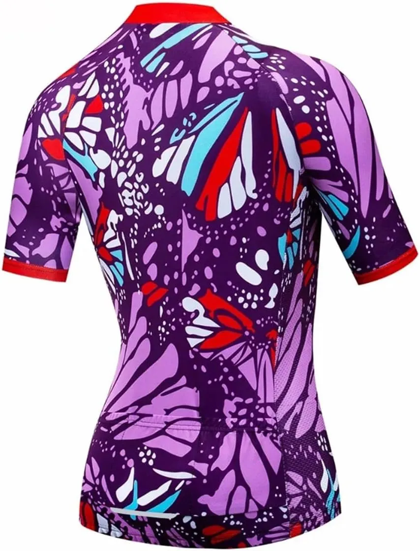 Women's Short Sleeve Cycling Jersey Full Zipper Biking Shirts Summer Quick Dry Bicycle Tops with Rear Pockets