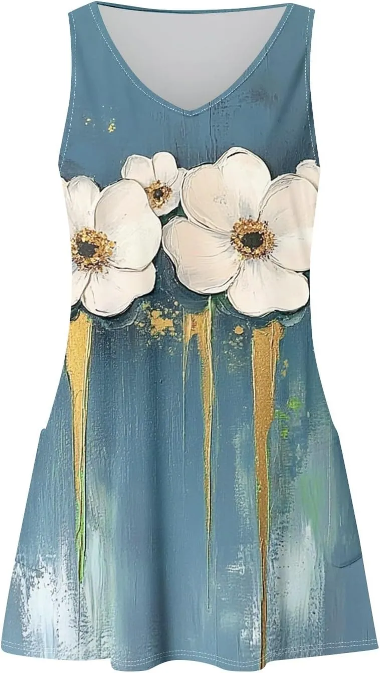 Women's Sleeveless Floral Dress Summer Casual Loose Fit V-Neck Summer for Beach, Party, or Daily Wear
