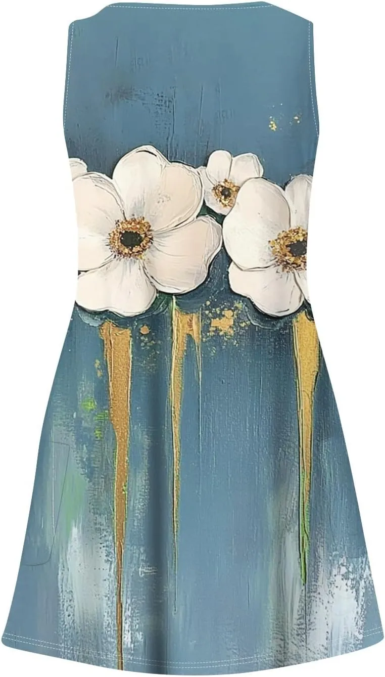 Women's Sleeveless Floral Dress Summer Casual Loose Fit V-Neck Summer for Beach, Party, or Daily Wear