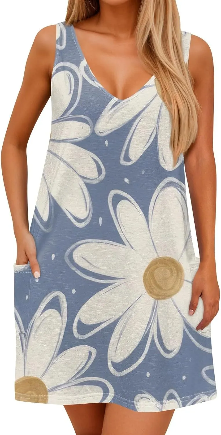 Women's Sleeveless Floral Print Summer Dress Casual Loose Fit Summer with Design for Beach and Daily Wear