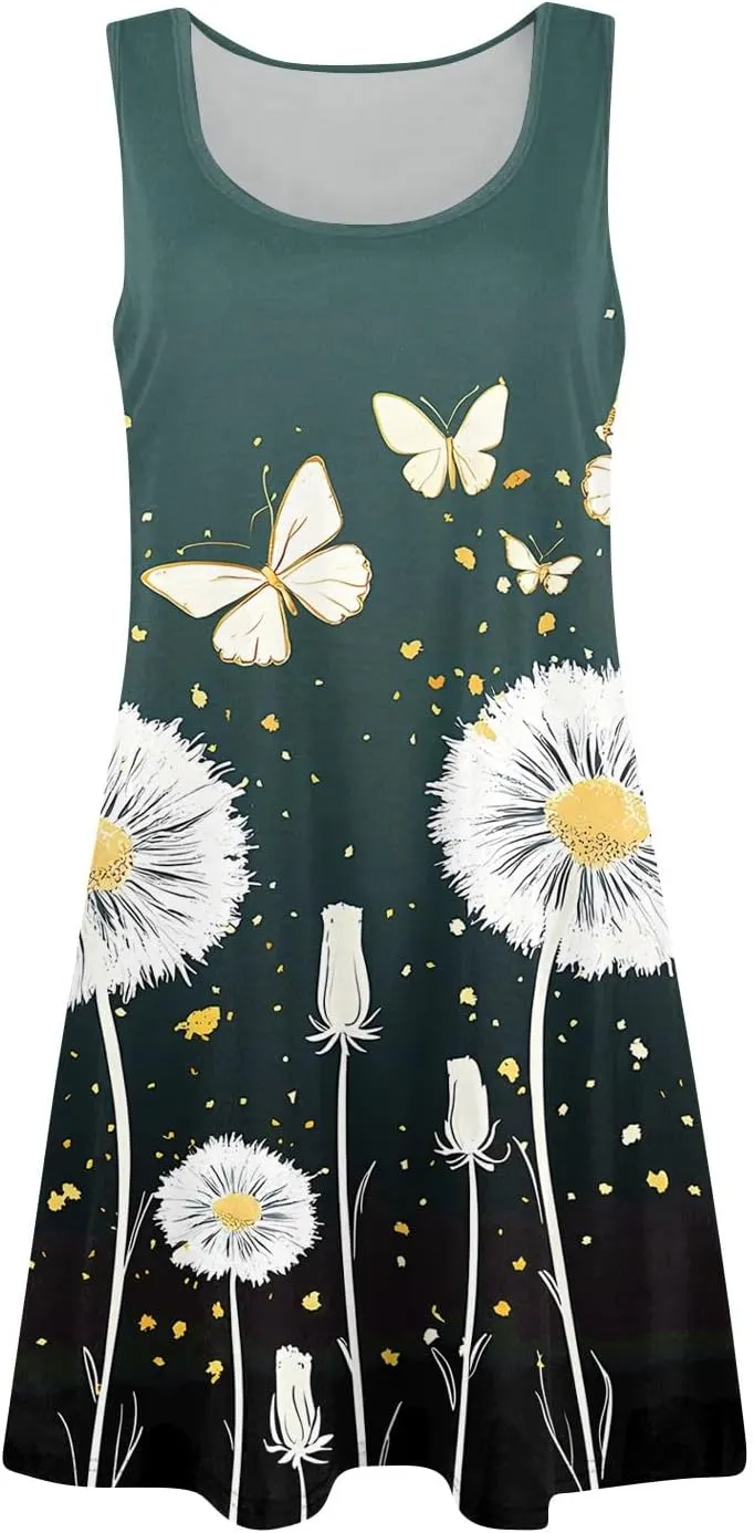 Women's Sleeveless Summer Dress with and Butterfly Print Casual Loose Fit for Beach and Daily Wear