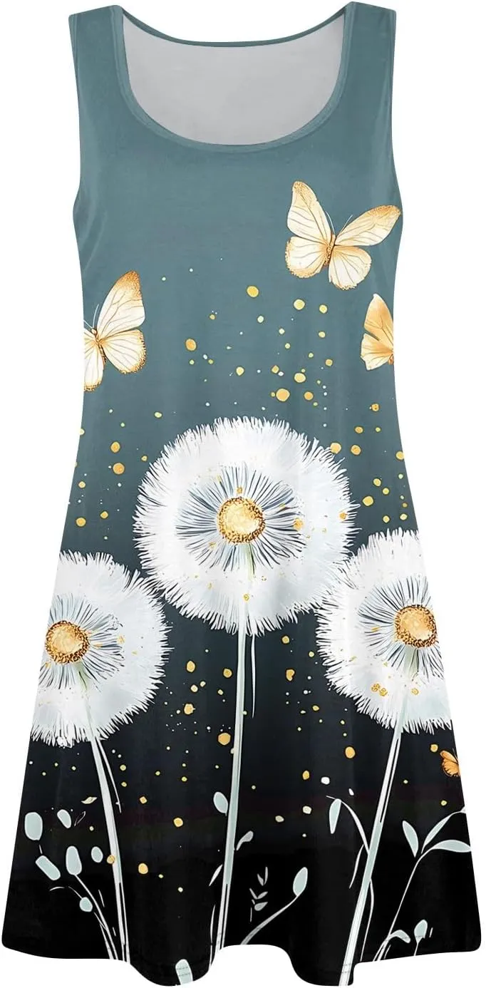 Women's Sleeveless Summer Dress with and Butterfly Print Casual Loose Fit for Beach and Daily Wear