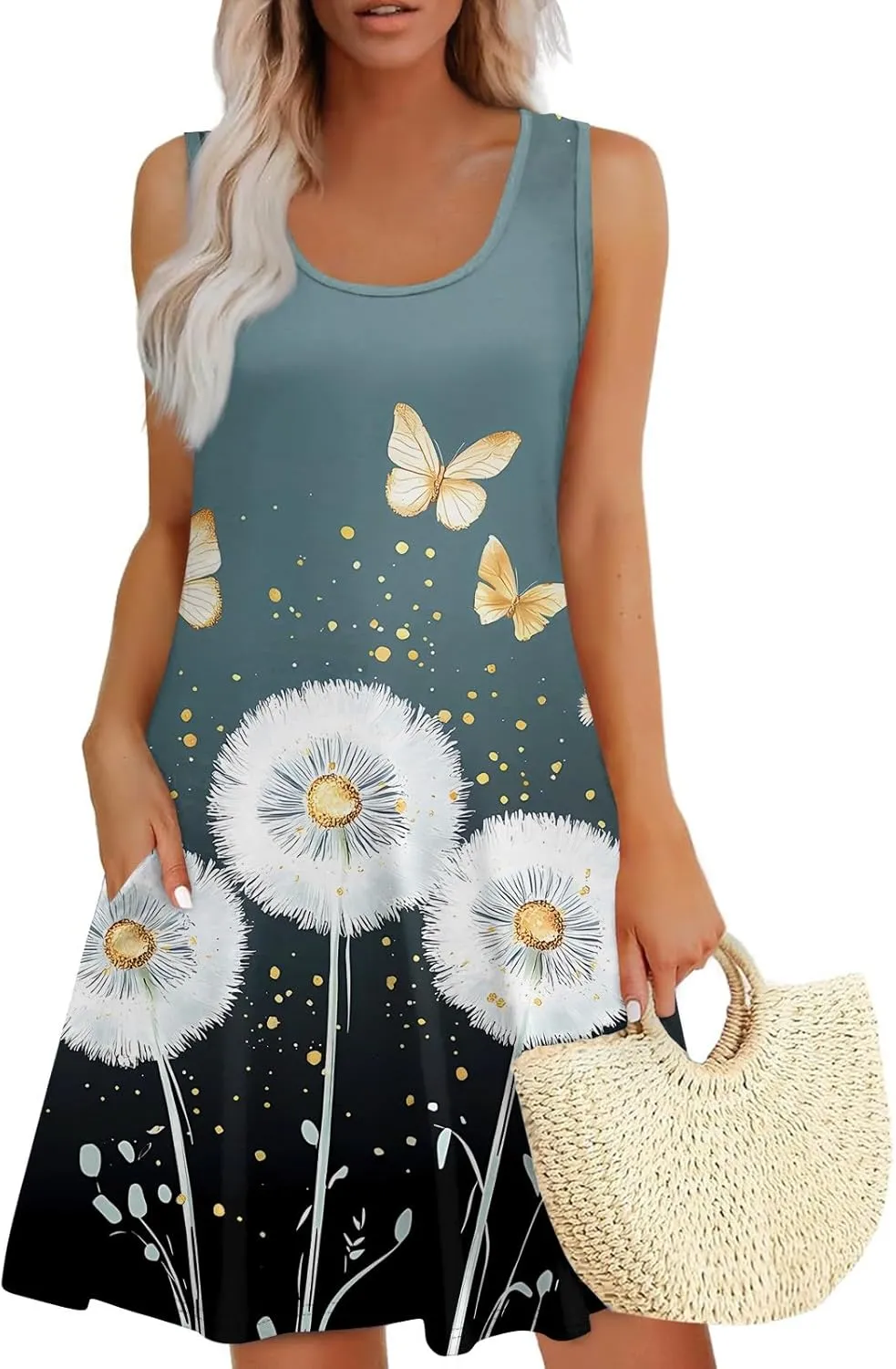Women's Sleeveless Summer Dress with and Butterfly Print Casual Loose Fit for Beach and Daily Wear