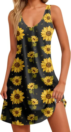 Women's Sleeveless Sunflower Print Summer Dress Casual V-Neck A-Line Summer for Beach and Daily Wear
