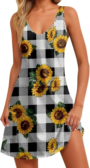 Women's Sleeveless Sunflower Print Summer Dress Casual V-Neck A-Line Summer for Beach and Daily Wear