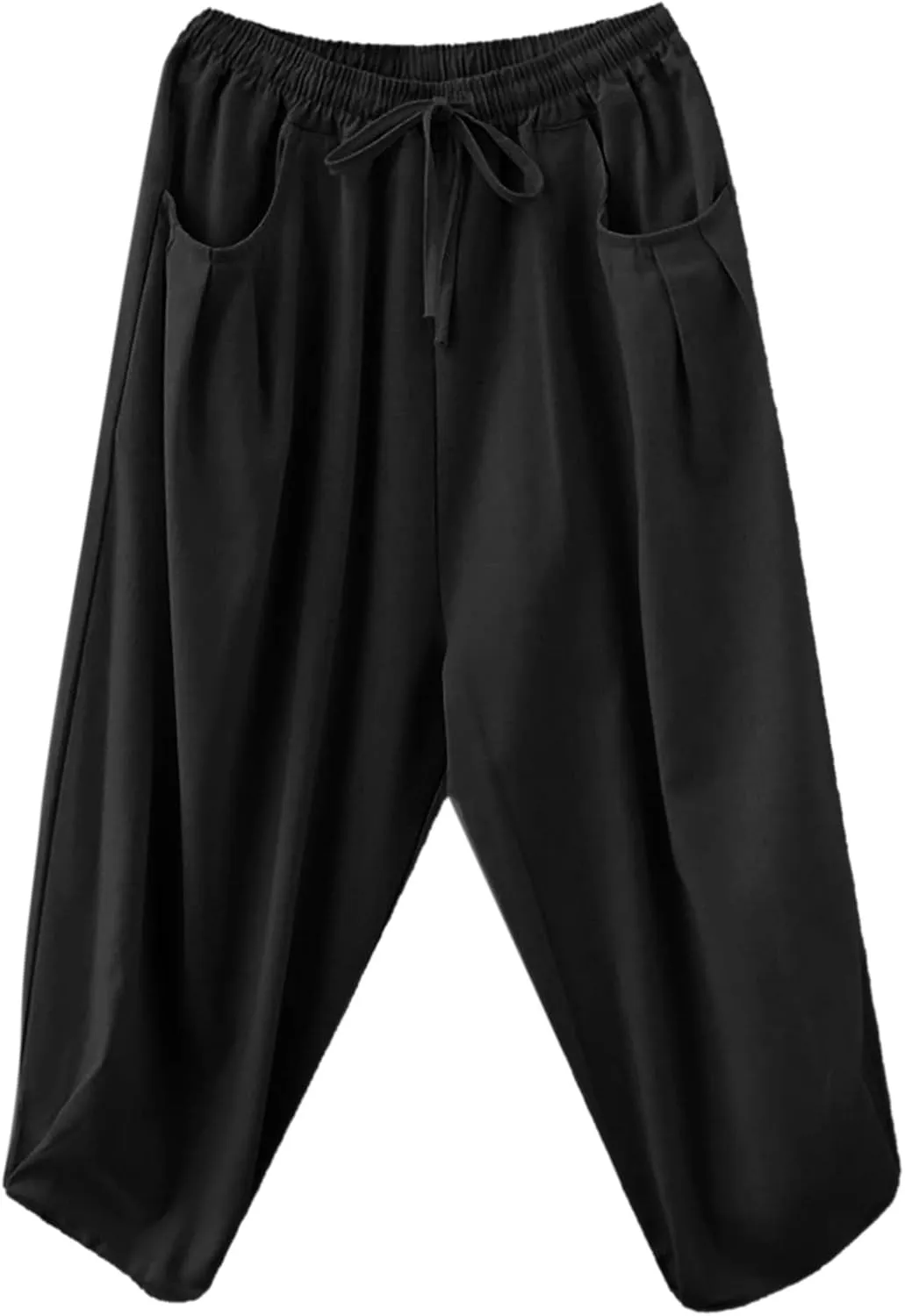 Womens Solid Color Capri Pants Casual Loose Drawstring Elastic Waist Cotton Linen Cropped Trousers Summer Thin Workout Pants