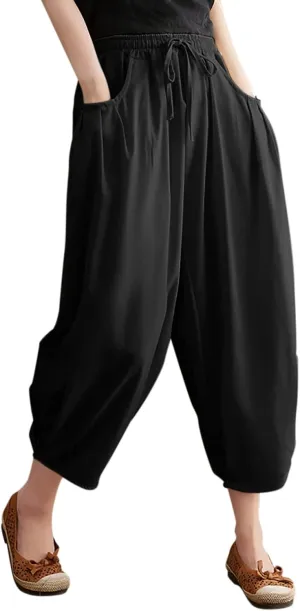 Womens Solid Color Capri Pants Casual Loose Drawstring Elastic Waist Cotton Linen Cropped Trousers Summer Thin Workout Pants