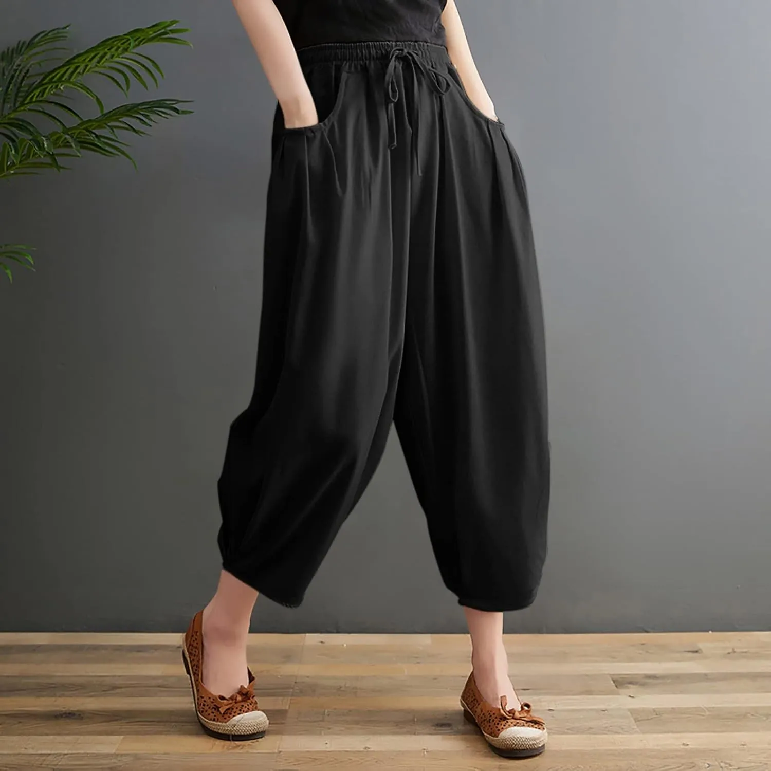 Womens Solid Color Capri Pants Casual Loose Drawstring Elastic Waist Cotton Linen Cropped Trousers Summer Thin Workout Pants