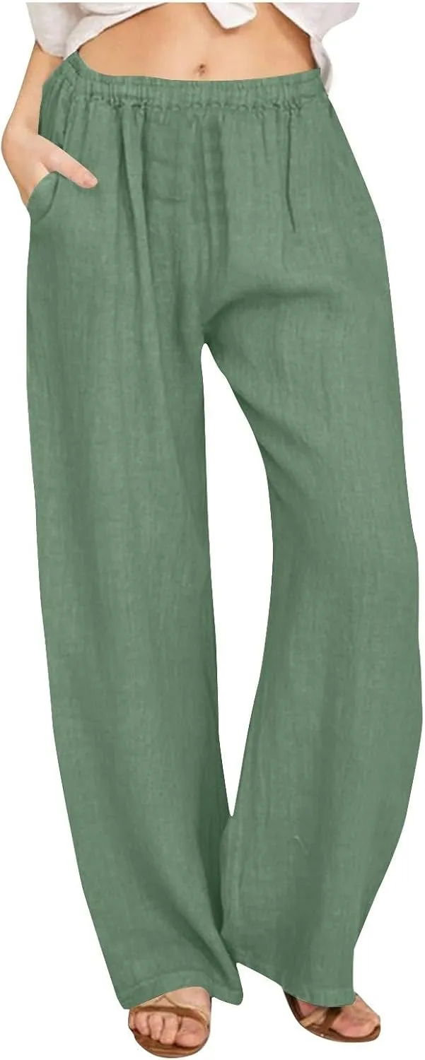 Women's Solid Color Pants Summer Casual Elastic Waist Loose Fit Pants Wide Leg Lounge Long Trousers with Pockets