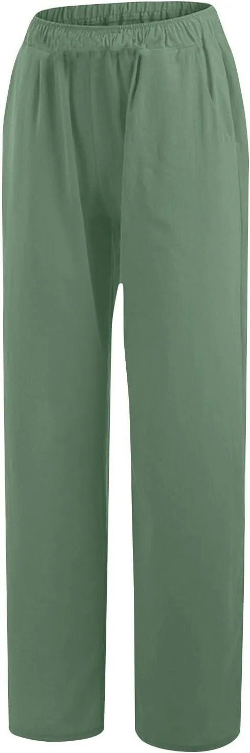 Women's Solid Color Pants Summer Casual Elastic Waist Loose Fit Pants Wide Leg Lounge Long Trousers with Pockets