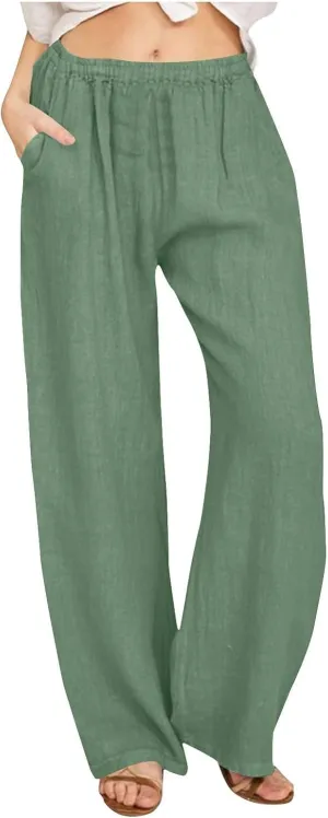 Women's Solid Color Pants Summer Casual Elastic Waist Loose Fit Pants Wide Leg Lounge Long Trousers with Pockets