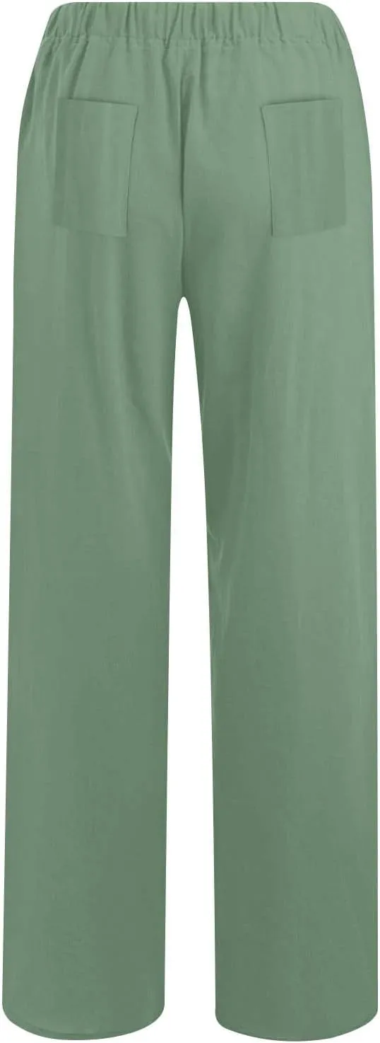 Women's Solid Color Pants Summer Casual Elastic Waist Loose Fit Pants Wide Leg Lounge Long Trousers with Pockets