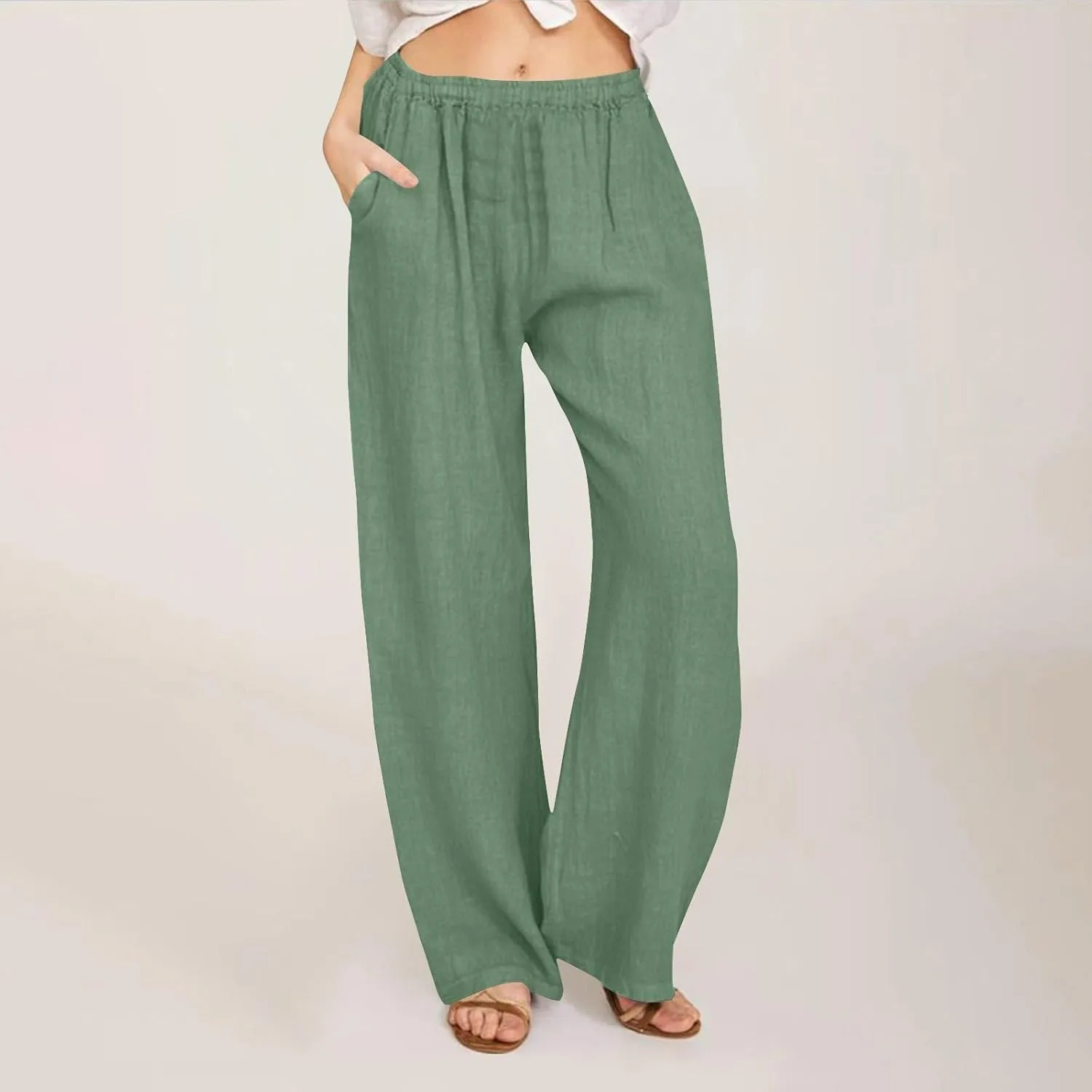 Women's Solid Color Pants Summer Casual Elastic Waist Loose Fit Pants Wide Leg Lounge Long Trousers with Pockets