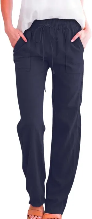 Women's Solid Cotton Linen Straight Pants Lightweight Summer Relax Fit Elastic Waist Lounge Long Trousers with Pockets