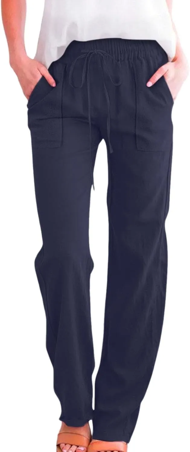 Women's Solid Cotton Linen Straight Pants Lightweight Summer Relax Fit Elastic Waist Lounge Long Trousers with Pockets