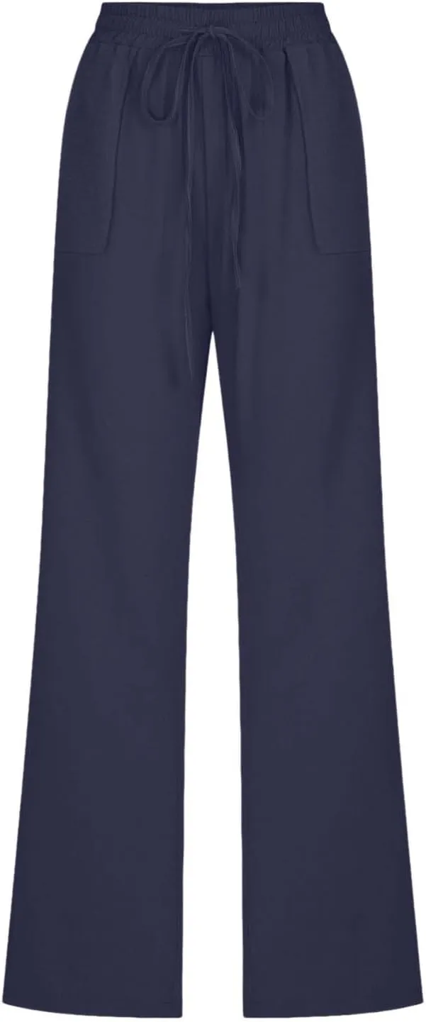 Women's Solid Cotton Linen Straight Pants Lightweight Summer Relax Fit Elastic Waist Lounge Long Trousers with Pockets