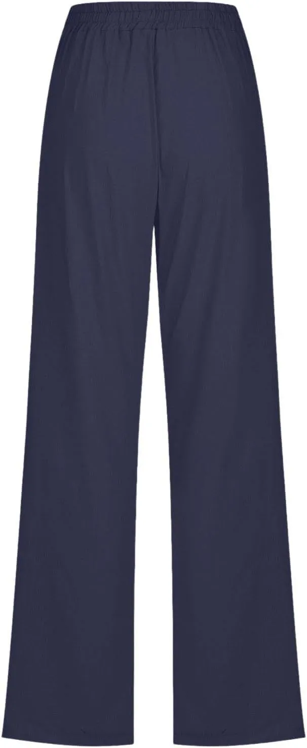 Women's Solid Cotton Linen Straight Pants Lightweight Summer Relax Fit Elastic Waist Lounge Long Trousers with Pockets