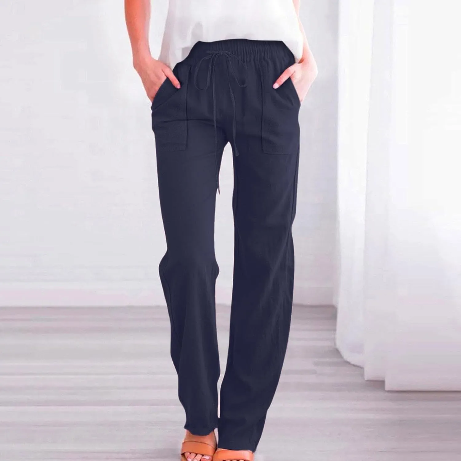 Women's Solid Cotton Linen Straight Pants Lightweight Summer Relax Fit Elastic Waist Lounge Long Trousers with Pockets
