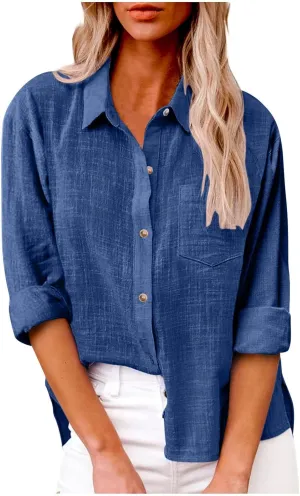 Women's Striped Button Up Blouse Trendy Business Tops Dressy Soft Cotton Linen Tops Casual Long Sleeve Tops Fall Shirt