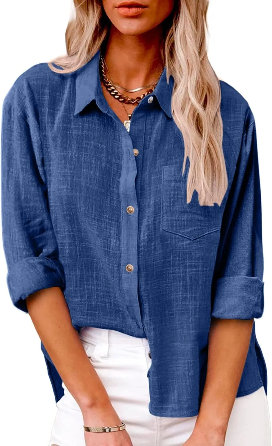 Women's Striped Button Up Blouse Trendy Business Tops Dressy Soft Cotton Linen Tops Casual Long Sleeve Tops Fall Shirt