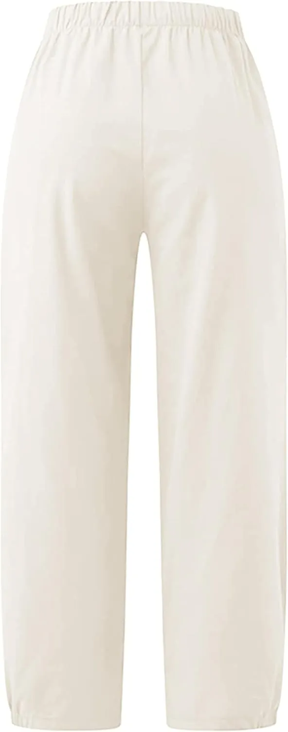 Women's Summer Capri Pants Elastic High Waist Drawstring Wide Leg Cotton Linen Work Pants with Pockets