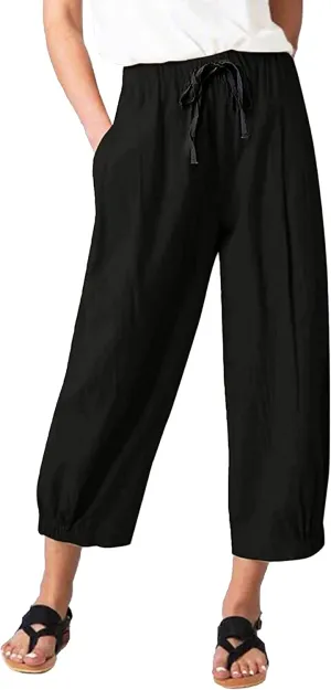 Women's Summer Capri Pants Elastic High Waist Drawstring Wide Leg Cotton Linen Work Pants with Pockets