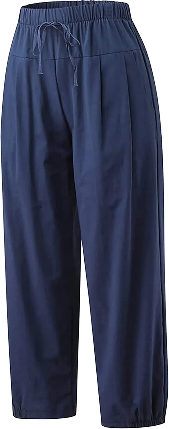 Women's Summer Capri Pants Elastic High Waist Drawstring Wide Leg Cotton Linen Work Pants with Pockets