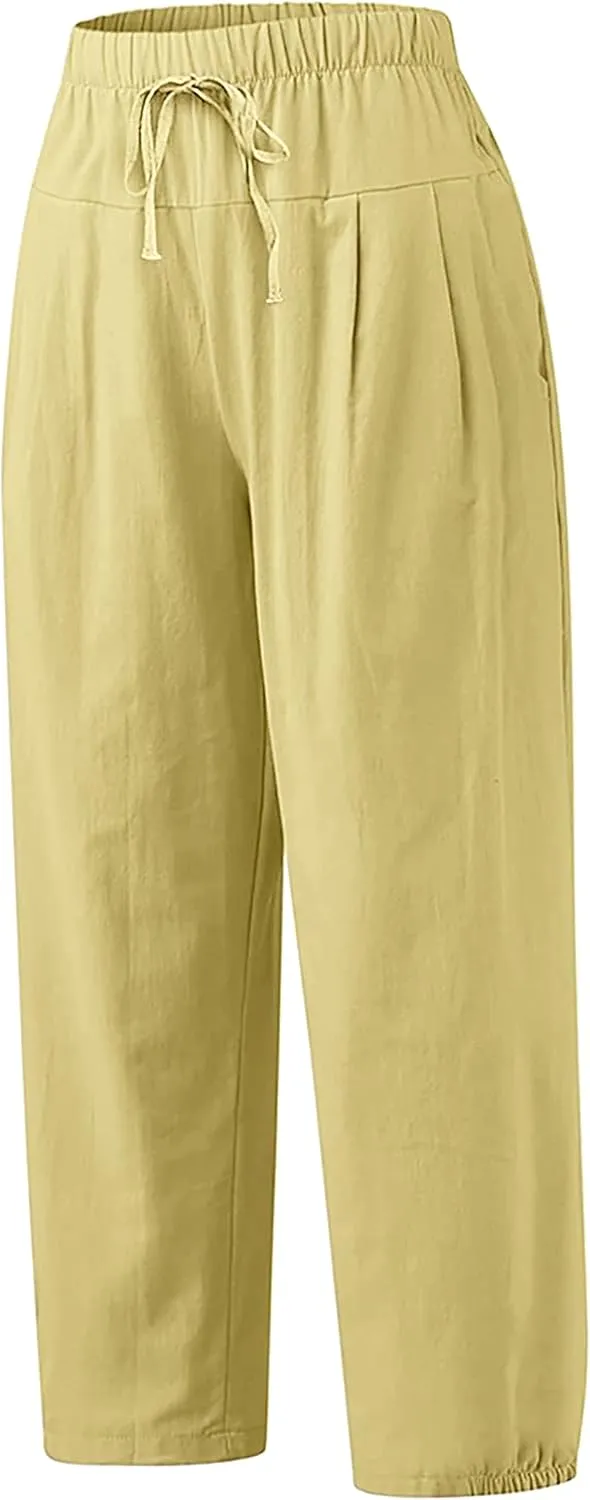 Women's Summer Capri Pants Elastic High Waist Drawstring Wide Leg Cotton Linen Work Pants with Pockets