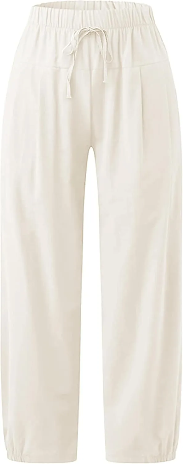 Women's Summer Capri Pants Elastic High Waist Drawstring Wide Leg Cotton Linen Work Pants with Pockets
