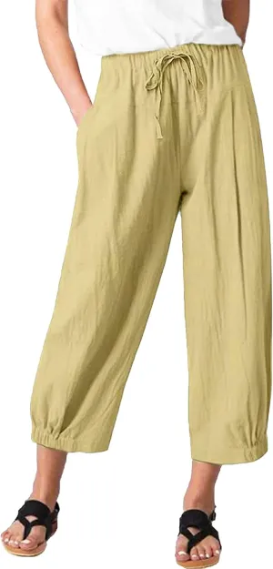 Women's Summer Capri Pants Elastic High Waist Drawstring Wide Leg Cotton Linen Work Pants with Pockets
