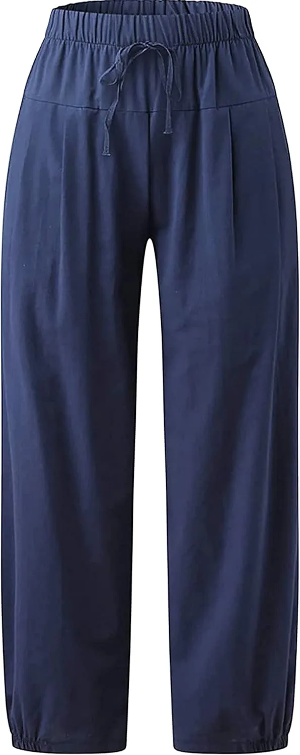 Women's Summer Capri Pants Elastic High Waist Drawstring Wide Leg Cotton Linen Work Pants with Pockets