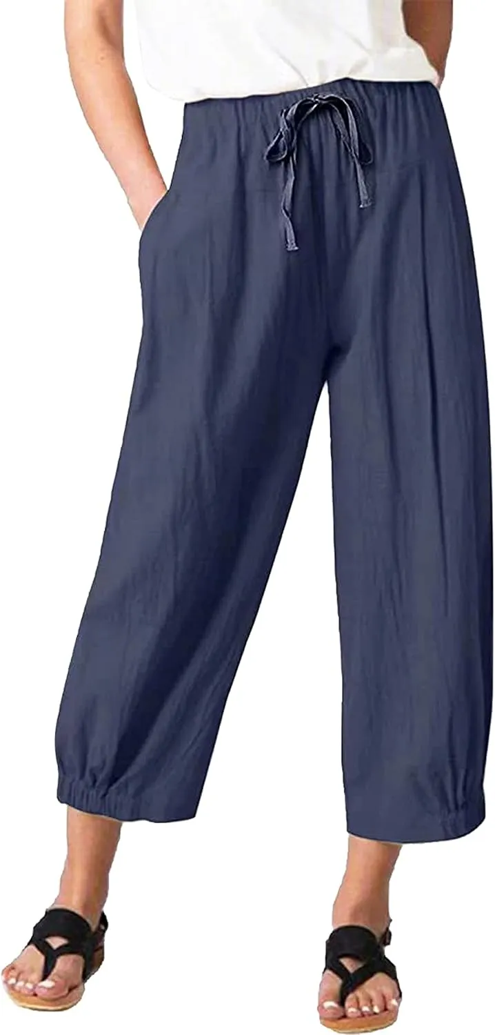 Women's Summer Capri Pants Elastic High Waist Drawstring Wide Leg Cotton Linen Work Pants with Pockets