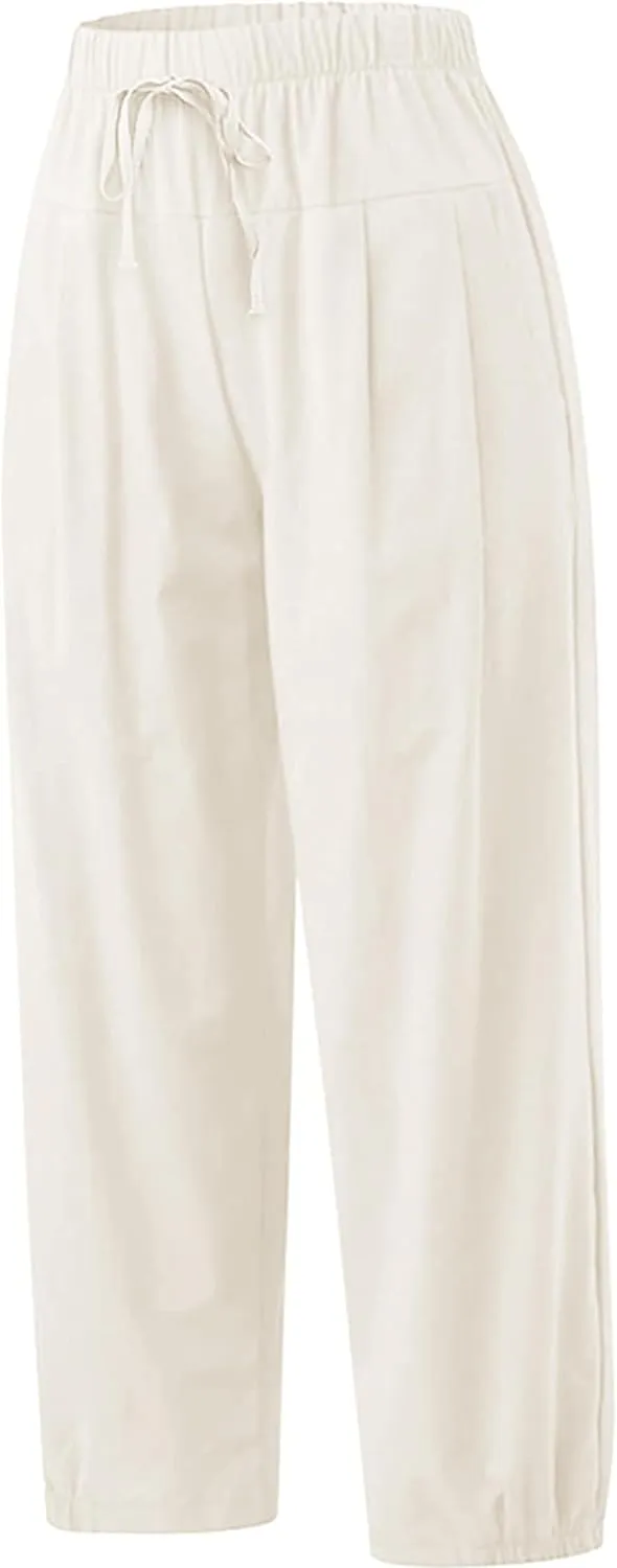 Women's Summer Capri Pants Elastic High Waist Drawstring Wide Leg Cotton Linen Work Pants with Pockets