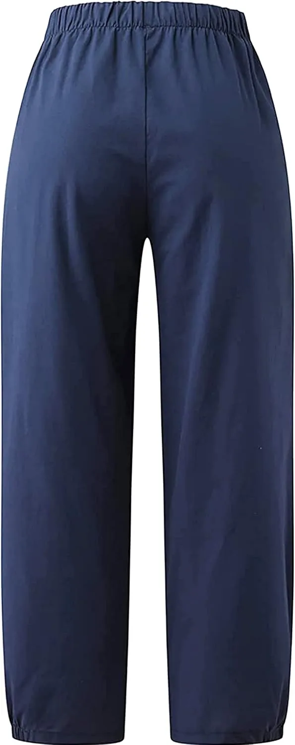 Women's Summer Capri Pants Elastic High Waist Drawstring Wide Leg Cotton Linen Work Pants with Pockets