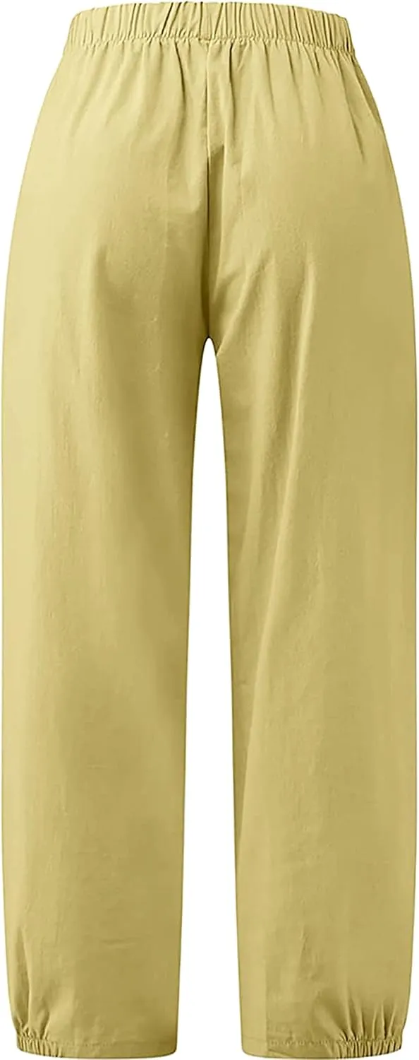 Women's Summer Capri Pants Elastic High Waist Drawstring Wide Leg Cotton Linen Work Pants with Pockets