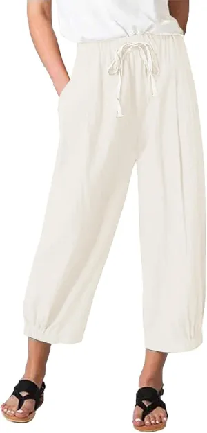 Women's Summer Capri Pants Elastic High Waist Drawstring Wide Leg Cotton Linen Work Pants with Pockets