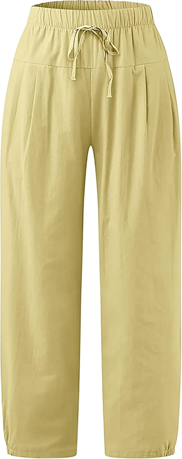 Women's Summer Capri Pants Elastic High Waist Drawstring Wide Leg Cotton Linen Work Pants with Pockets