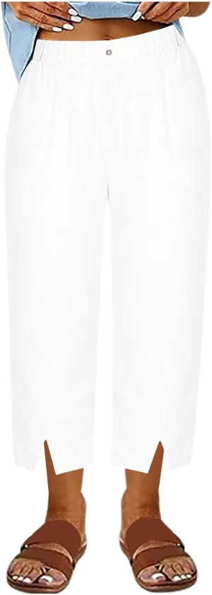 Women's Summer Cotton Linen Cropped Pants, Fashion Split Hem Loose Casual Trousers Going Out Vacation Trendy Clothes